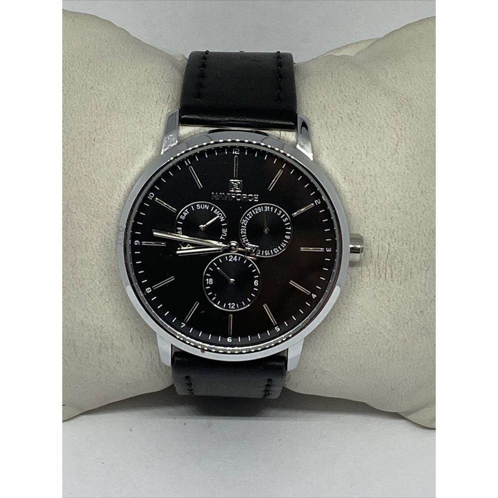 Naviforce NF3001M Men's Black Leather Analog Black Dial Quartz Wrist Watch KS663